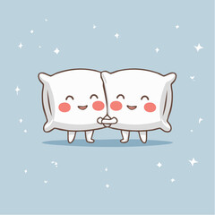 Naklejka premium Two adorable cartoon pillows with happy faces holding hands on a light blue background with stars, symbolizing friendship and comfort.