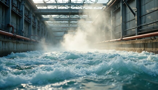 Water aeration tanks churn with oxygen bubbles from industrial blowers. Turbulent water flows through purification systems. This process cleans water for various uses, showing eco-friendly tech.