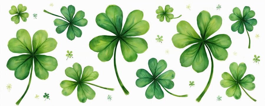 Watercolor shamrocks and clovers scattered on white backdrop. Green lucky plants suggest spring season celebration. St. Patricks Day art elements for good fortune.