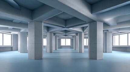 Fototapeta premium Spacious and Modern Industrial Interior with Concrete Pillars and Large Windows Allowing Natural Light in an Unfinished Area Ready for Customization