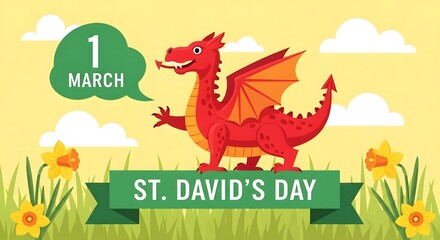 Obraz premium Cartoon red dragon on a green banner with 'St. David's Day' text, surrounded by grass and daffodils.