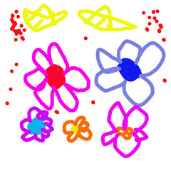 Childlike doodle flowers with bright colors, simple shapes, and playful scattered dots