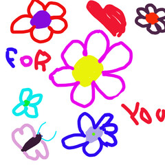Childlike doodle flowers with bright colors, simple shapes, and playful scattered dots