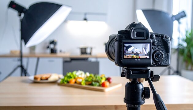 Camera On Tripod Capturing Colorful Kitchen Feast: Home Food Photography Setup. AI Generation