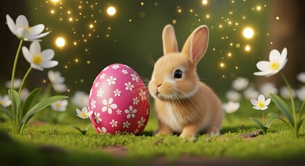 Easter bunny with eggs on green grass with flowers and sparkles