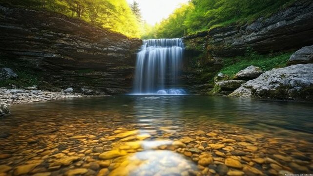 A serene waterfall cascades into a clear pool with a stony bed, surrounded by lush green foliage