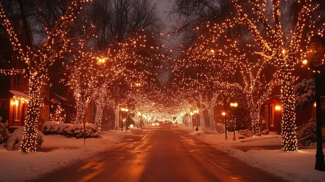 A snowy street illuminated by strings of warm lights covering bare trees in winter