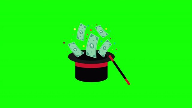 A magician's hat with money bills flying out, symbolizing wealth and magic concept icon animation with alpha channel