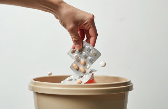 Hand discards expired pills and blister packs into trash bin. Unused drugs are thrown away. Proper medicine disposal concept. Health and waste management idea.