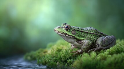 Fototapeta premium Close-Up View of a Green Frog Sitting on Moss by a Tranquil Water Surface in a Lush Natural Environment at Sunrise or Sunset