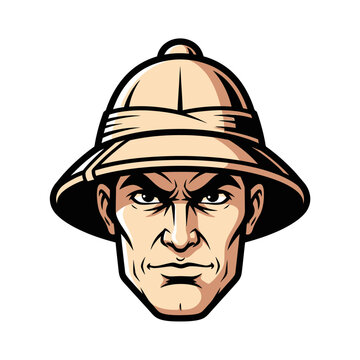 Man Wearing Pith Helmet Serious Expression.