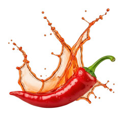 A red chili pepper with juice splashing around it