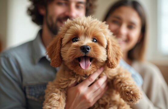 Happy couple holds fluffy cockapoo puppy in arms. Small dog pants with mouth open, showing affection and trust. Family enjoys time with furry pet at home.