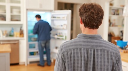 Obraz premium Homeowner Observes Refrigerator Repair in Kitchen While Technician Works on Fixing Appliance in Background