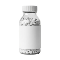 A clear plastic bottle with white pills