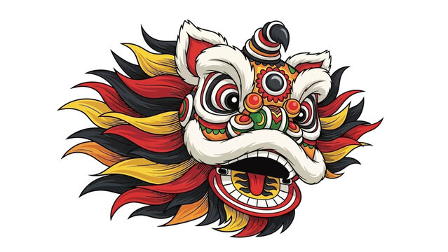 Vibrant lion dance head illustration with colorful mane and traditional design elements on a white background, conveying a festive and cultural mood.