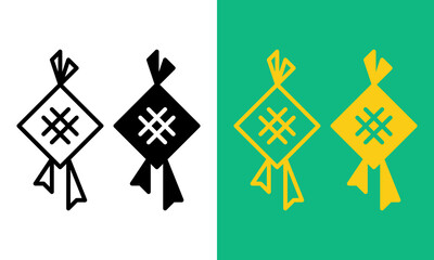 Ketupat rice cake icon vector illustration in outline and solid glyph style with green and yellow color variations for ramadan kareem and eid mubarak decoration