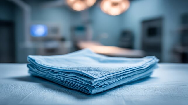 A stacked blue sterile surgical drape in an operating room setting