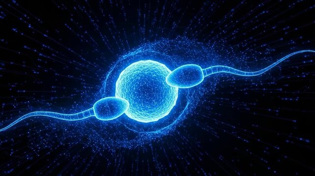 Digital Rendering Of Sperm Cells Attempting To Fertilize Egg Cell With Network Of Blue Lines Creating Artistic Futuristic Background For Science Healthcare Educational Purposes