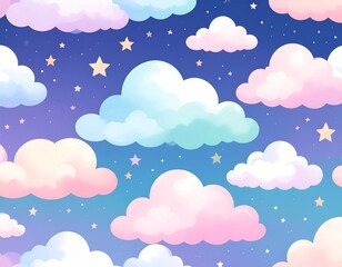 A colorful, cartoonish sky filled with fluffy clouds in pastel hues. Stars twinkle against a gradient of purple and blue