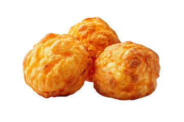 Three golden brown cheese puffs arranged on a black background pastry baked, Png, Isolated on Transparent Background, Cut Out