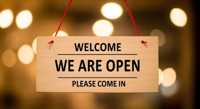 A wooden sign reading 'WELCOME WE ARE OPEN PLEASE COME IN' hangs at the entrance of a business with soft bokeh lights.