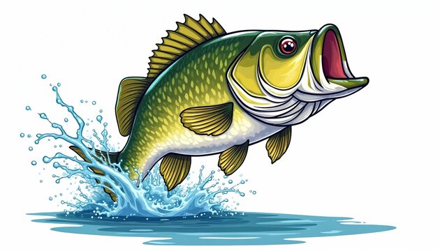Cartoon largemouth bass leaps from blue water creating splash. Green fish with open mouth jumps energetically. Aquatic animal in motion against white backdrop. Lively illustration.