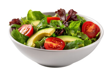 White bowl filled with fresh green lettuce avocado slices and red tomato halves salad food, Png, Isolated on Transparent Background, Cut Out