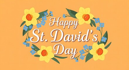 Fototapeta premium Vibrant St. David's Day wreath design with cheerful daffodils and blue forget-me-nots, celebrating Welsh heritage on an orange background.