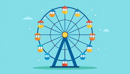 A colorful Ferris wheel stands against a light blue sky, with decorative clouds and dots.  Carriages are in various vibrant colors