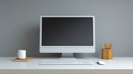 Fototapeta premium Minimalist workspace setup with computer monitor, mouse, keyboard, coffee cup, notepad, and wooden pencil holder in contemporary office environment