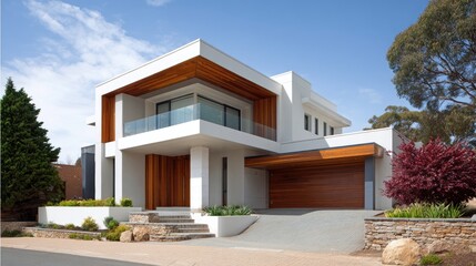 Fototapeta premium Modern Architectural Design of a Contemporary Home with White Facade and Wooden Accents Surrounded by Lush Greenery and Clear Blue Sky