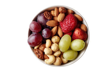 White bowl filled with mixed nuts and fresh fruits on black background image, Png, Isolated on Transparent Background, Cut Out