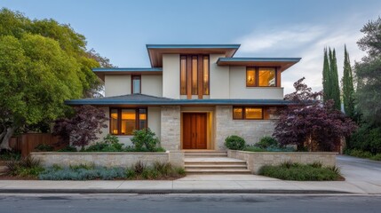 Fototapeta premium Modern Architectural Design of a Stylish Two-Story House Surrounded by Lush Greenery and Beautiful Landscaping in a Serene Neighborhood