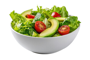 Fresh green lettuce avocado and tomato salad in white bowl isolated on black food, Png, Isolated on Transparent Background, Cut Out