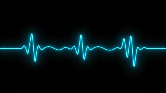A vibrant electric blue electrocardiogram waveform pulses across a stark black background with a glowing neon effect representing a healthy heartbeat or vital sign monitoring in a digital or