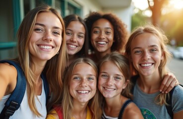 Fototapeta premium Group of diverse young girls smiles for a selfie photo outside school building. Friends pose together happily, showing unity and friendship on a sunny day.
