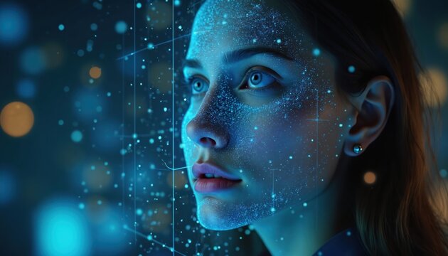 Woman looks into digital data cloud analyzing facial patterns. Tech analyzes user response to ads using eye tracking and AI insights for marketing.