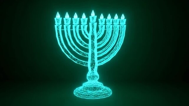 Glowing Digital Representation Of Seven-branched Candelabrum Brightly Lit Against Dark Green Backdrop Highlighting The Structure Religious Practices Applicable For Virtual Content