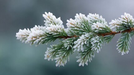 Fototapeta premium Frost-covered evergreen branch displaying intricate ice crystals in winter, showcasing seasonal beauty and the serenity of nature's frozen wonders.