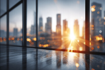 Empty office interior with wooden floor and large glass windows overlooking blurred cityscape at sunset with warm light and reflections