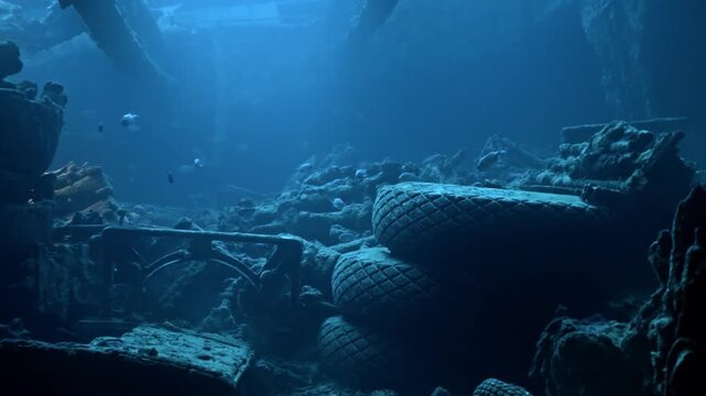 Deep inside the forward cargo hold (trucks level) of the SS Thistlegorm wreck, rows of weathered 1940s Bedford trucks stand preserved in the shadows, their tires prominently visible.