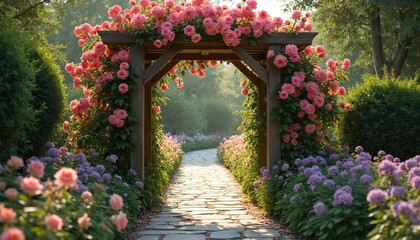 Fototapeta premium Wooden garden archway with pink roses covers a stone path. Rich green bushes flank walkway. Beautiful floral entrance to a park leads forward into soft sunlight.
