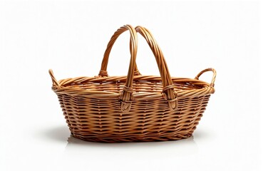 Obraz premium Woven rattan basket with two handles sits empty on a clean white background. This traditional woven container is perfect for storage or picnic.