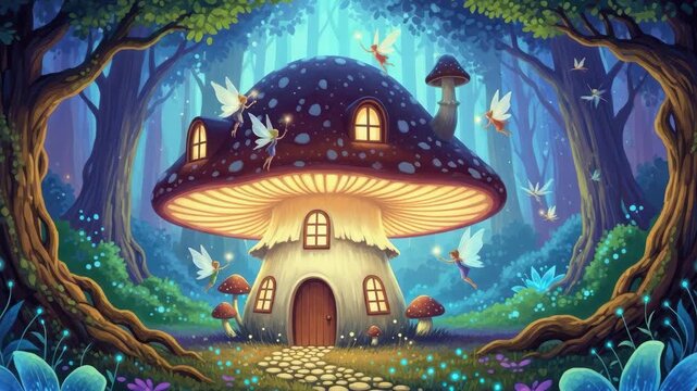 Fairies Flitting Around Mushroom House Nestled In Enchanting Forest With Blue Hue Inviting The Viewer Into Whimsical Illustrative Dreamscape For Childrens Stories Fantasy Designs