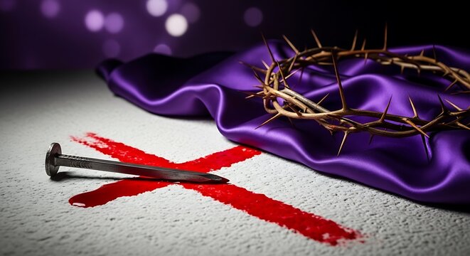 Crown of thorns and nail on purple cloth with red cross for easter christian symbol