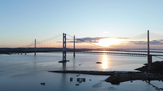 Sunset view of the forth bridges and queens ferry bridge