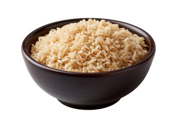 Dark brown bowl filled with cooked brown rice on black background image, Png, Isolated on Transparent Background, Cut Out
