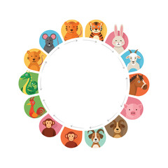 Fototapeta premium Circular frame adorned with a vibrant collection of twelve traditional astrological animals, symbolizing the lunar new year cycle and cultural traditions