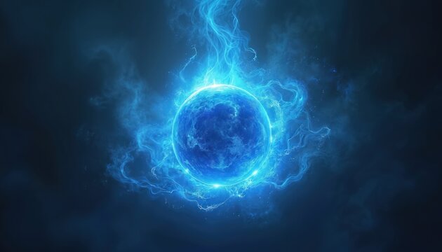 Glowing blue orb radiates energy in dark fantasy setting. Mystical light swirls with power. Abstract digital artwork for concept background or game.